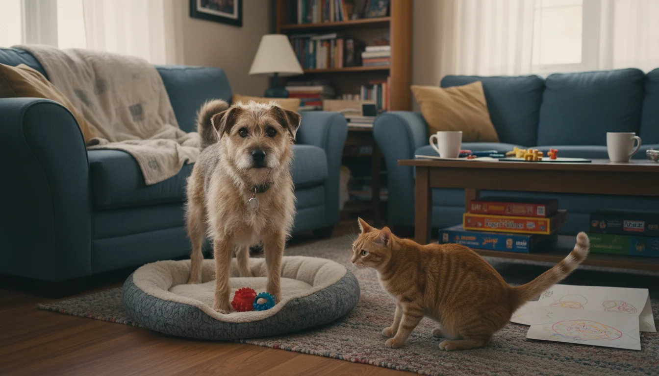 A medium-sized dog stands near its bed, subtly guarding a toy, while a ginger cat sits several feet away, looking hesitant to approach.