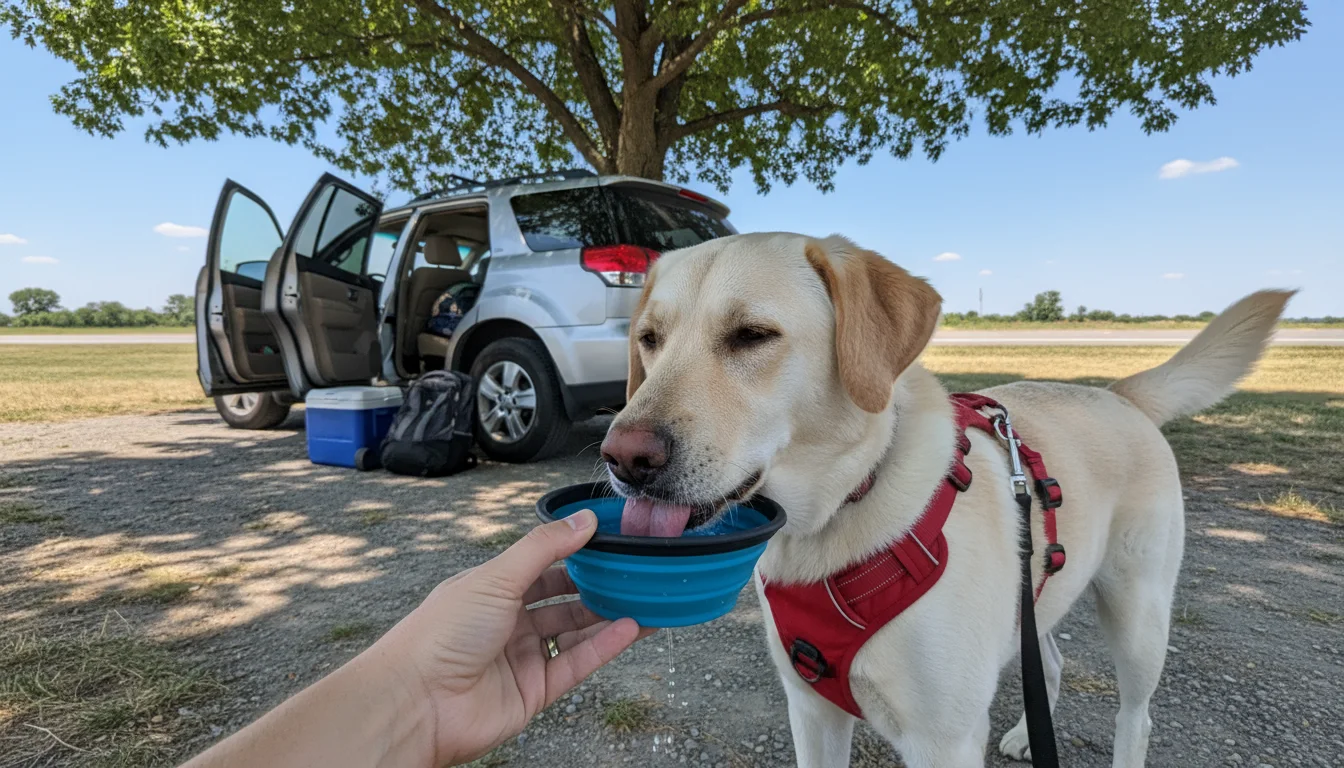 A medium-sized fluffy dog, wearing a travel harness, happily laps water from a red collapsible bowl held by a person's hand under the shade of a large