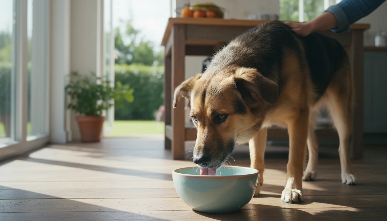 A medium-sized mixed-breed dog drinks water from a ceramic bowl on a kitchen floor, with a human hand gently resting nearby.