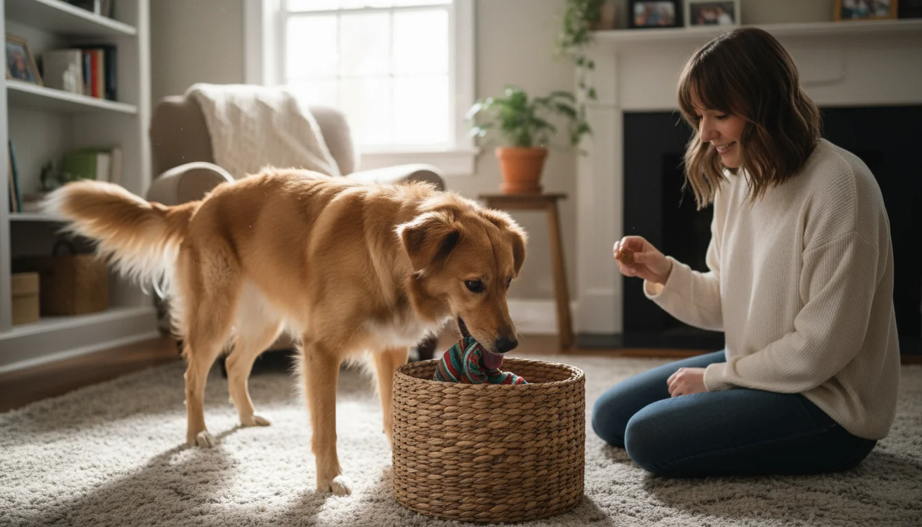 A medium-sized mixed-breed dog drops a fabric toy into a basket, watched by a kneeling person offering a treat in a cozy living room.