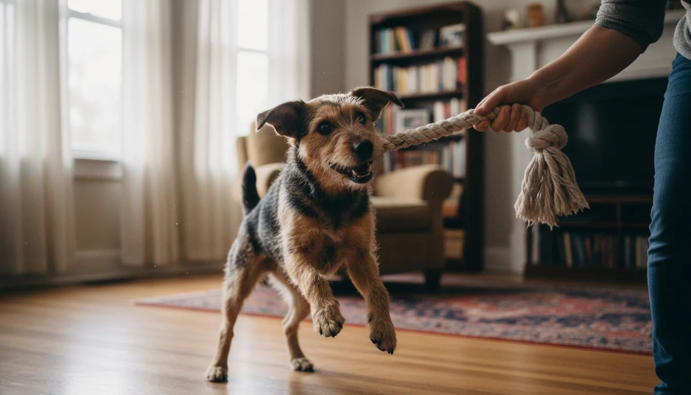 A medium-sized scruffy terrier mix dog and a person play tug-of-war indoors, dog mid-pull on a rope toy.