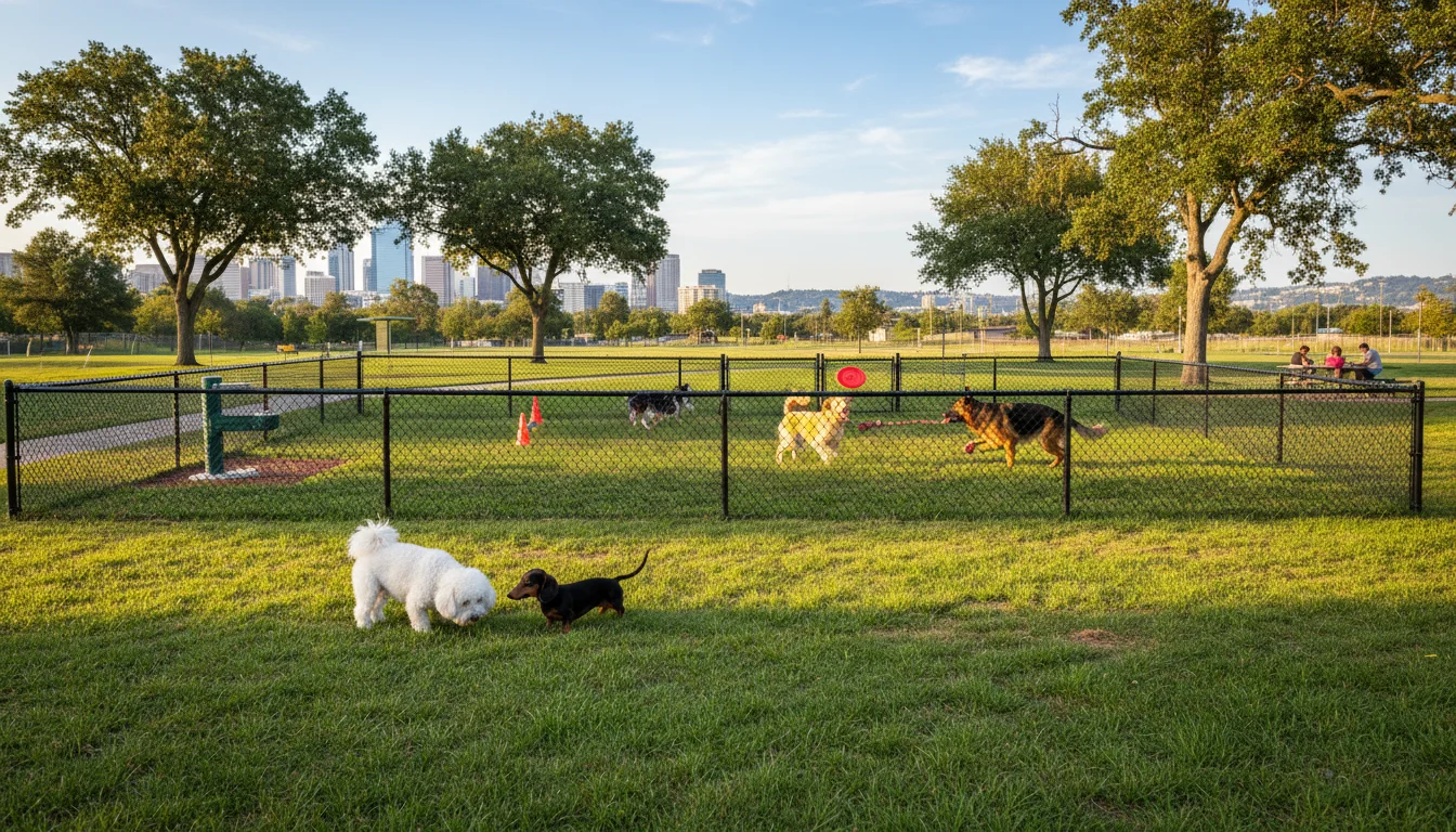 An elevated view of a meticulously maintained dog park with separate fenced areas for small and large dogs. A Bichon and dachshund are in the small do