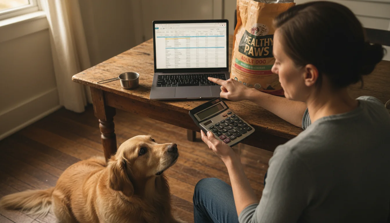 A mid-30s person at a kitchen table calculates dog food costs on a laptop with a calculator and bag nearby, while their golden retriever watches.