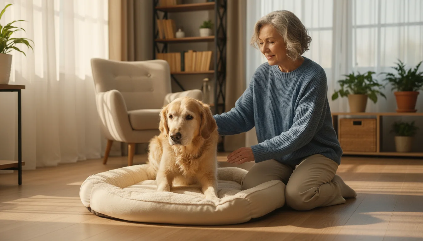 A middle-aged woman kneels beside her senior Golden Retriever as it slowly settles onto an orthopedic dog bed, observing it carefully.