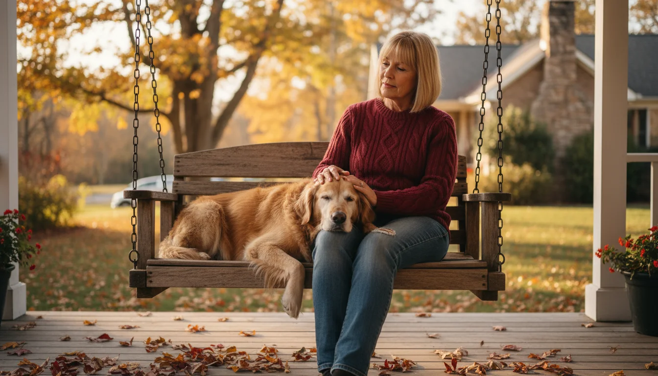 Middle-aged woman with thoughtful expression gently strokes her grey-muzzled Golden Retriever on a wooden porch swing in autumn.