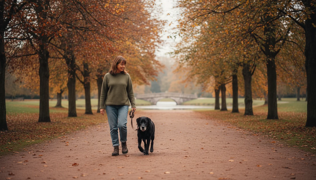 A middle-aged woman gently walks her senior black Labrador Retriever on a soft dirt path in a quiet park.