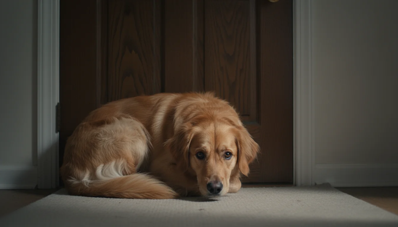 A mixed-breed dog is curled tightly against a closed wooden door, looking very sad and anxious, its eyes wide with distress.