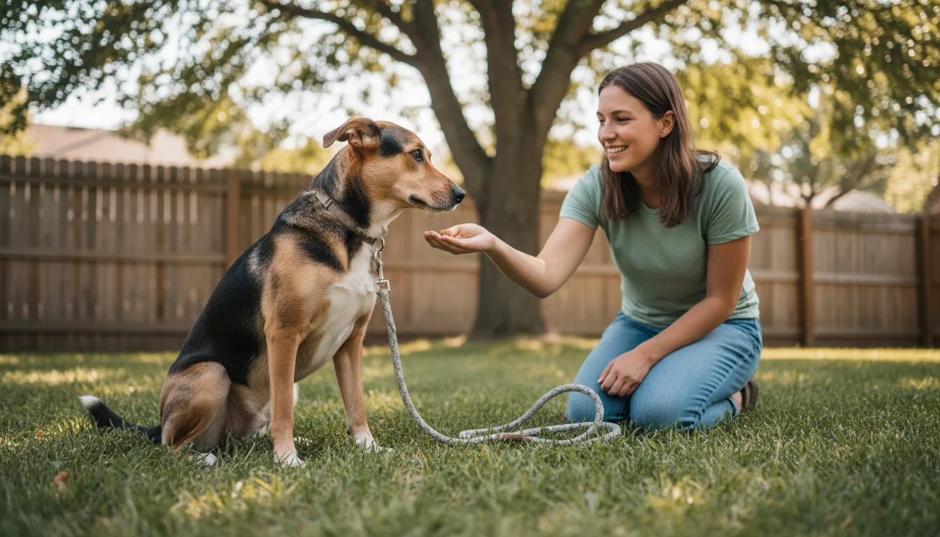 A mixed-breed dog sits attentively on grass in a sunny backyard, looking up at its owner who is offering a training treat.