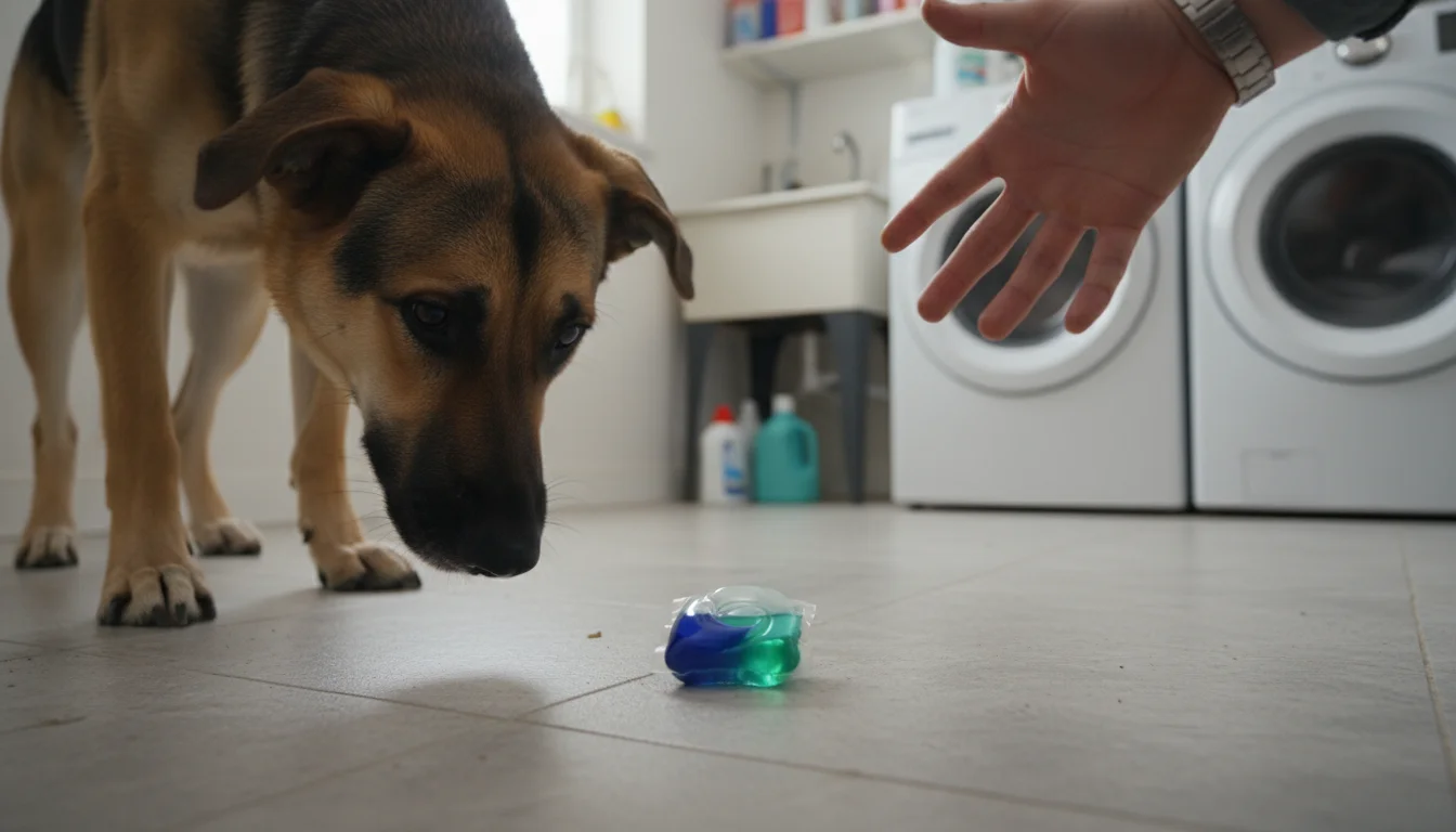 A mixed-breed dog sniffs a colorful laundry detergent pod on a tiled utility room floor as a human hand reaches to safely remove it.