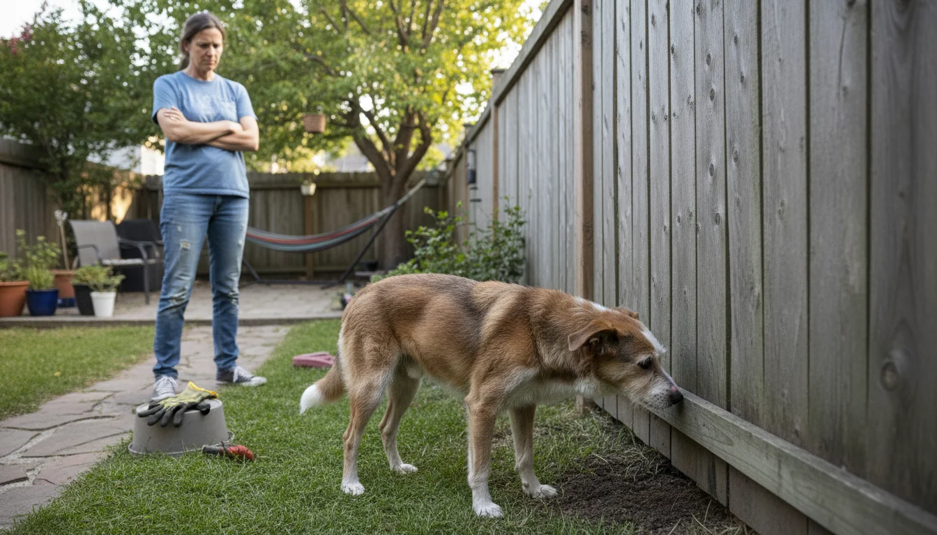 A mixed-breed dog sniffs a small gap under a weathered wooden fence. A thoughtful person observes them.