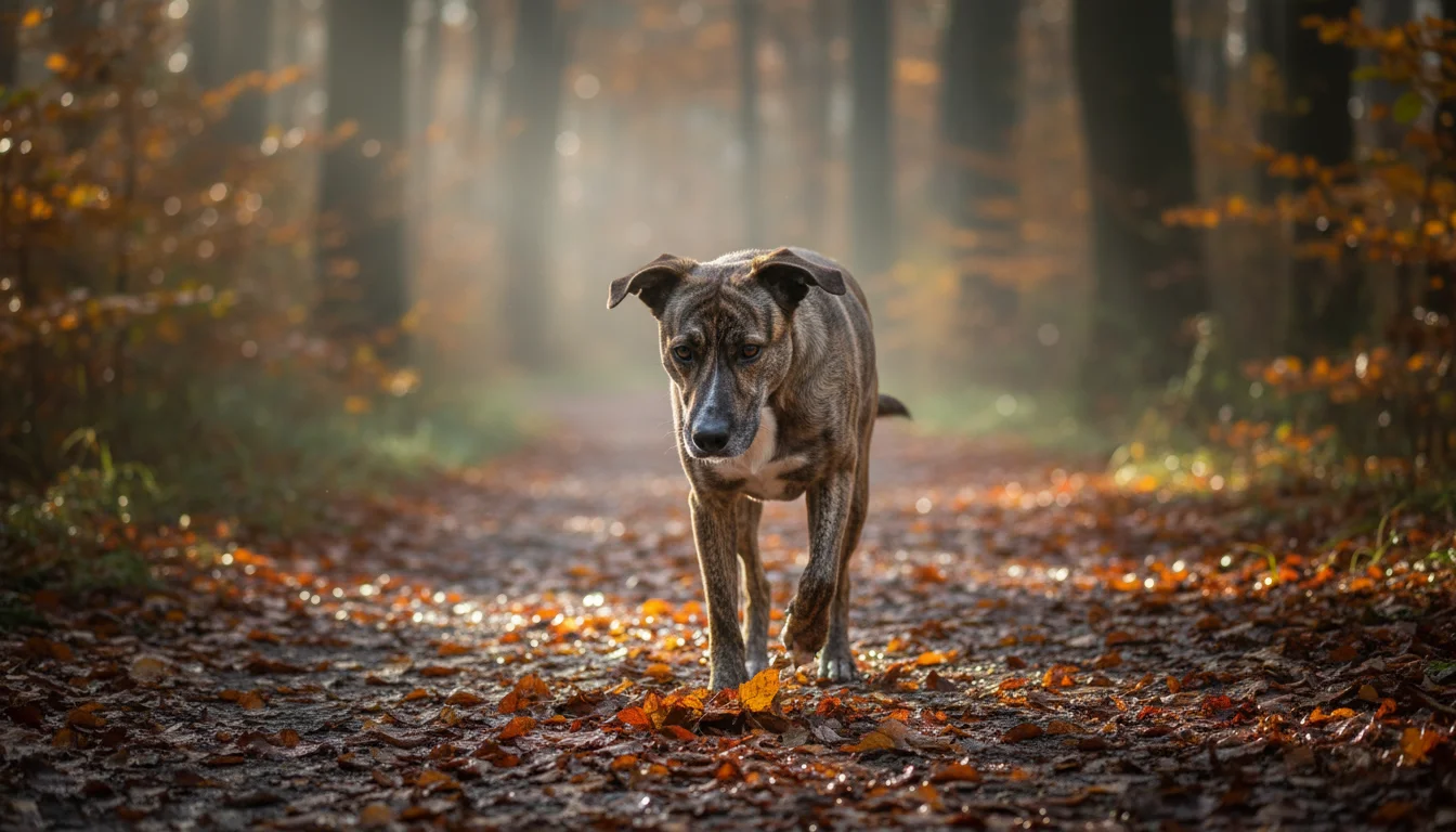 A mixed-breed dog stands cautiously on a forest path, head low, body leaning forward, with a human's legs visible behind it.