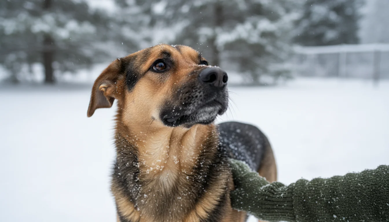 Mixed-breed dog with thoughtful expression in light snow, looking up at its owner's gloved hand.