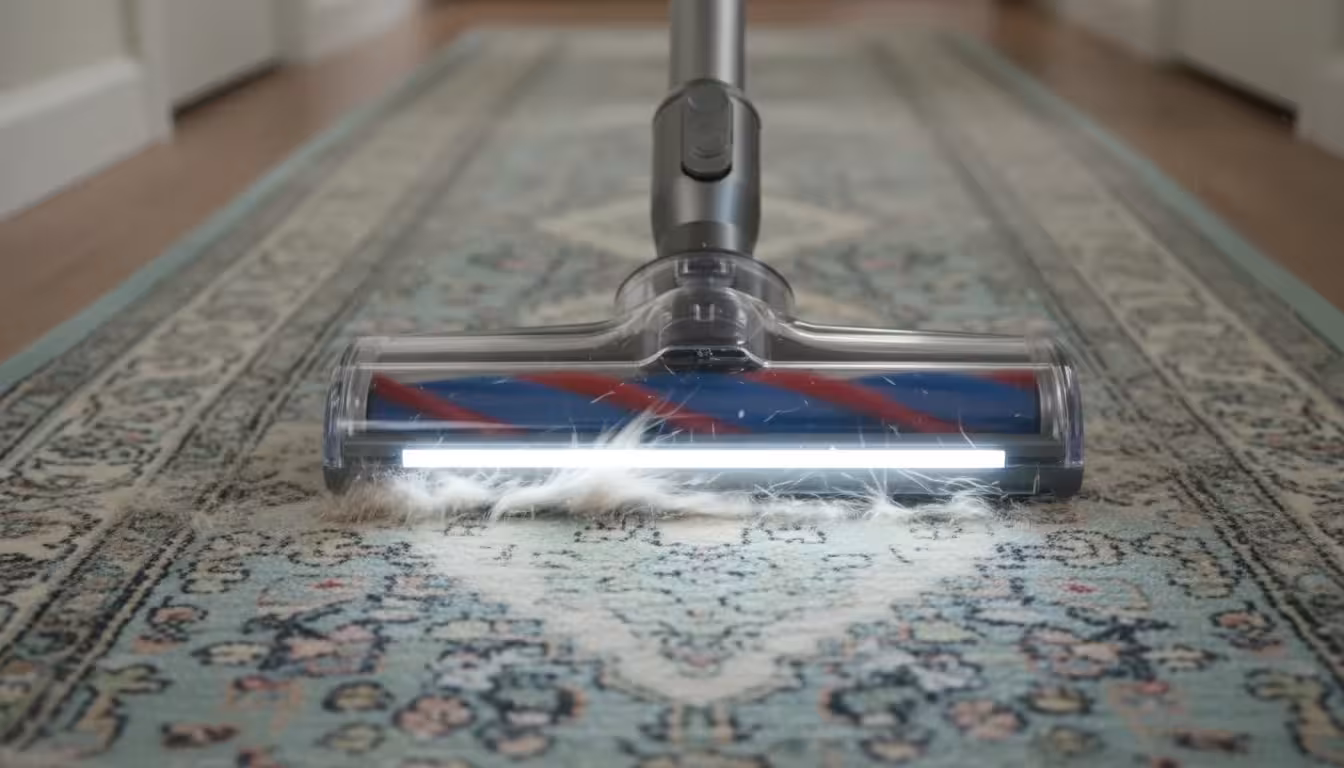 A modern pet-specific vacuum's brush roll actively lifts light-colored pet fur and dander from a patterned hallway runner rug, leaving a clean path.