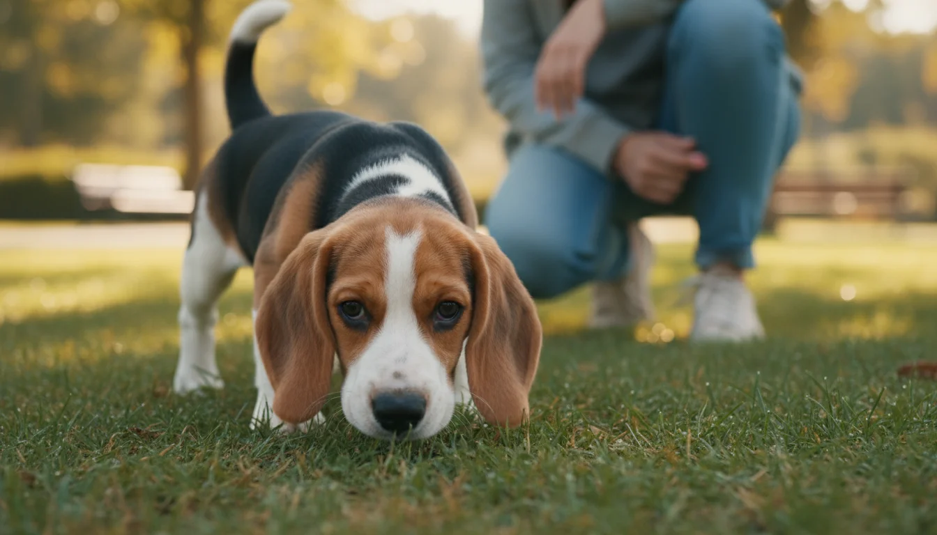 A 4-month-old tri-color Beagle puppy sniffs grass in a park. A person kneels in the background, observing.