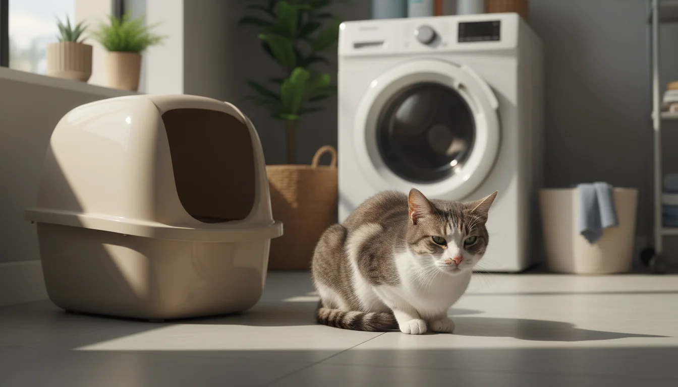 A mottled grey and white cat hunches uncomfortably near a litter box, looking uneasy and restless in soft light.
