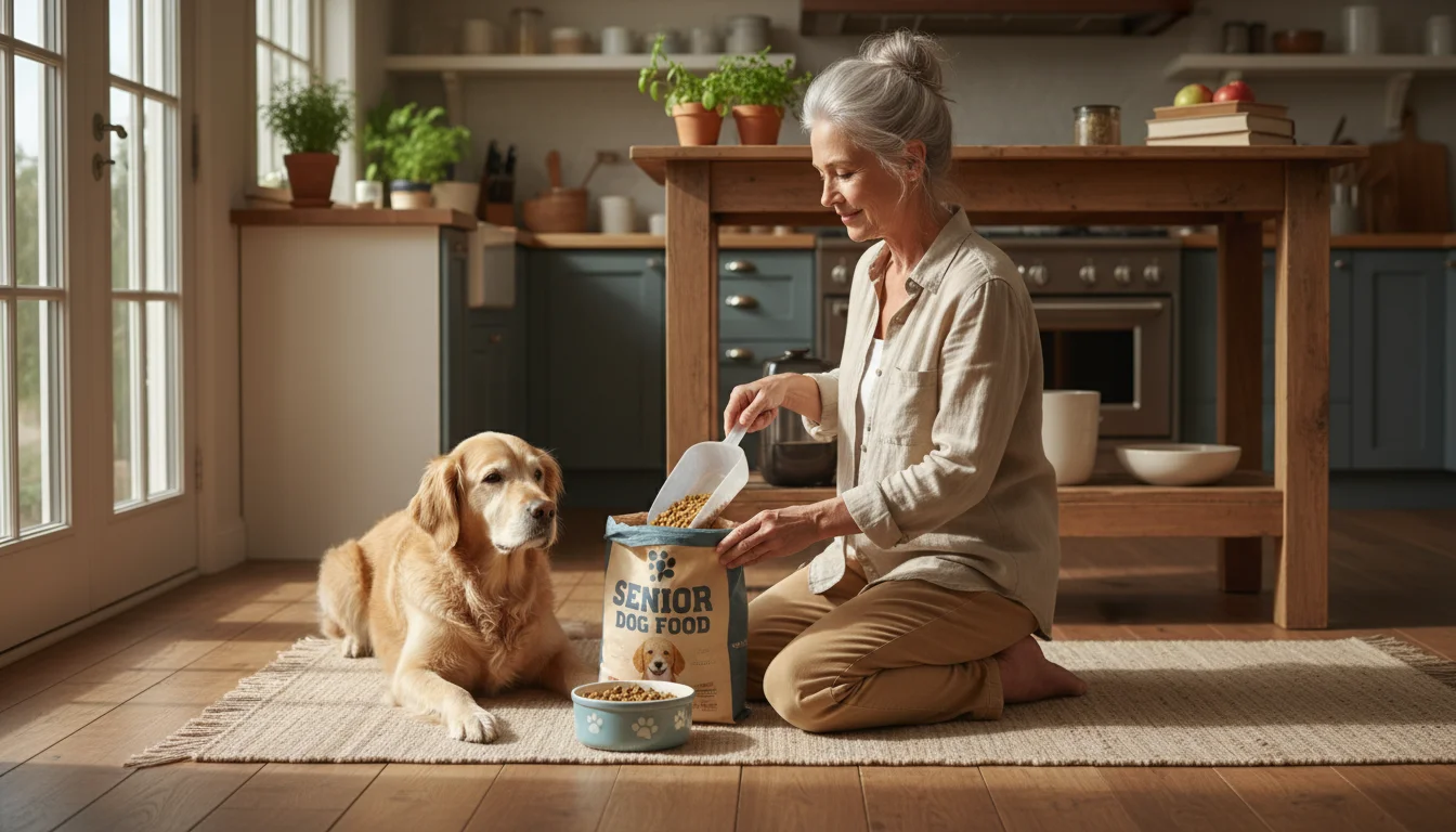 An older adult kneels in a kitchen, scooping 'Senior Dog Food' from a bag into a bowl for a calm, waiting senior Golden Retriever.