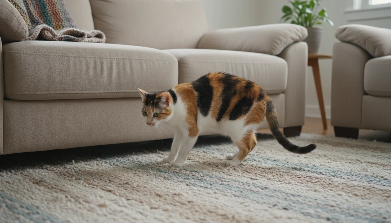 An older calico cat with a slightly stiff posture carefully steps down from a low beige sofa onto a rug, observed by a person sitting nearby.