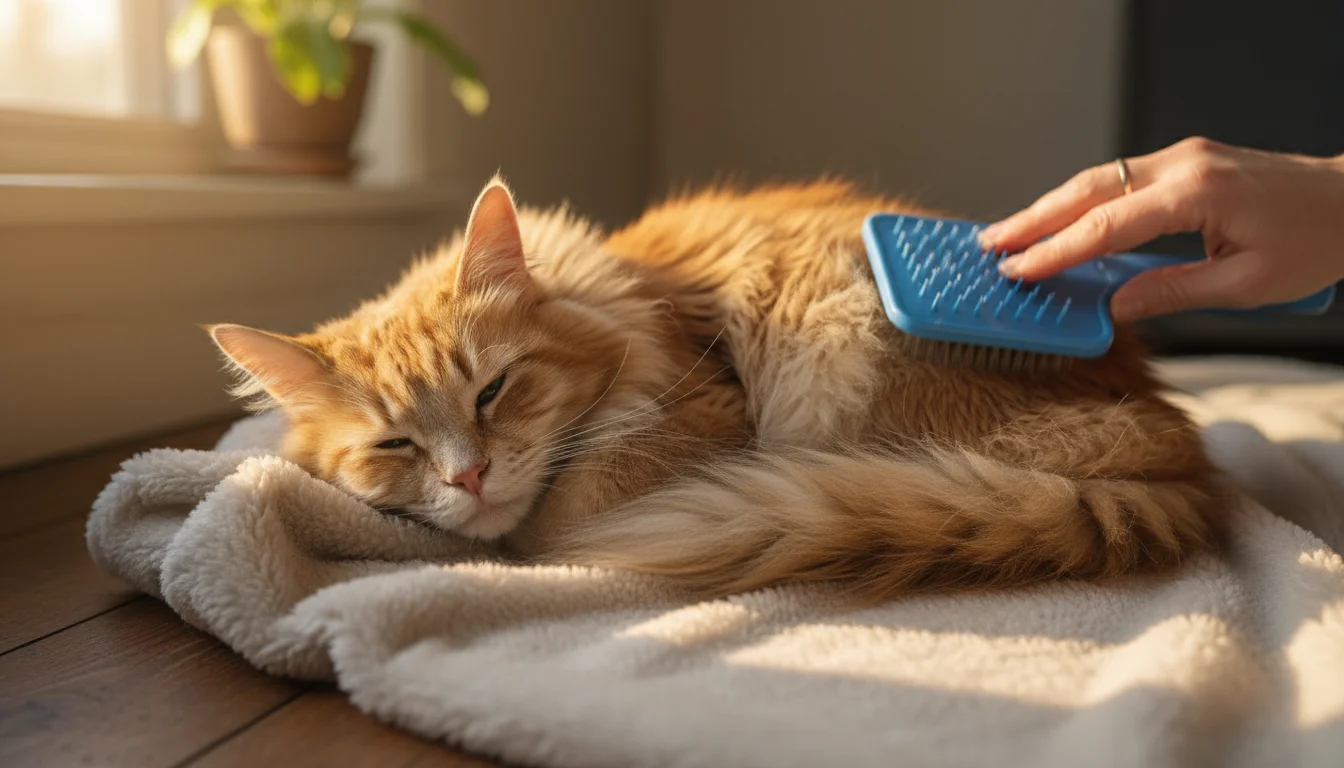 An older, fluffy ginger Maine Coon mix cat rests on a sunny blanket while a person gently brushes its hindquarters with a grooming mitt.