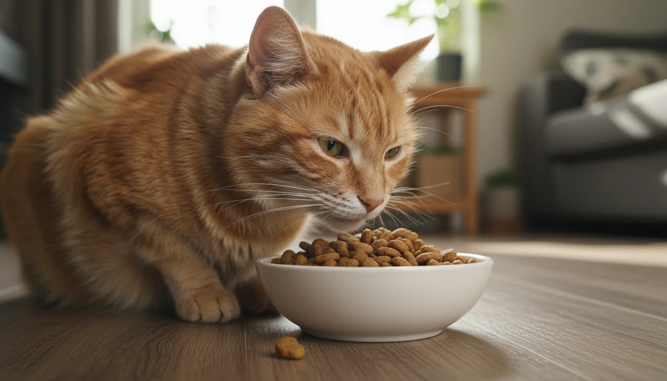 An older, fluffy orange tabby cat looks at an untouched bowl of dry food, appearing hesitant and uncomfortable.