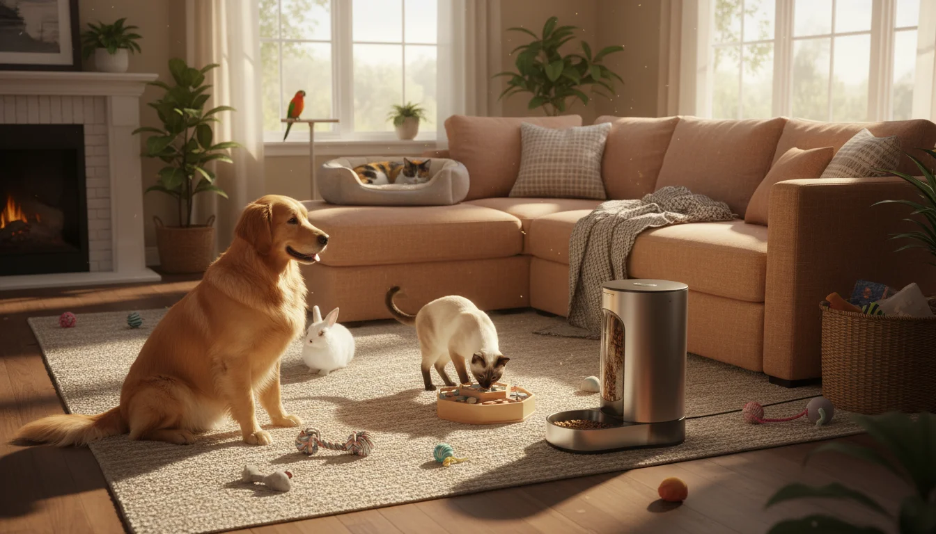 An older Golden Retriever eating from an automatic portion-controlled feeder and a Siamese cat playing with a puzzle feeder in a cozy home.