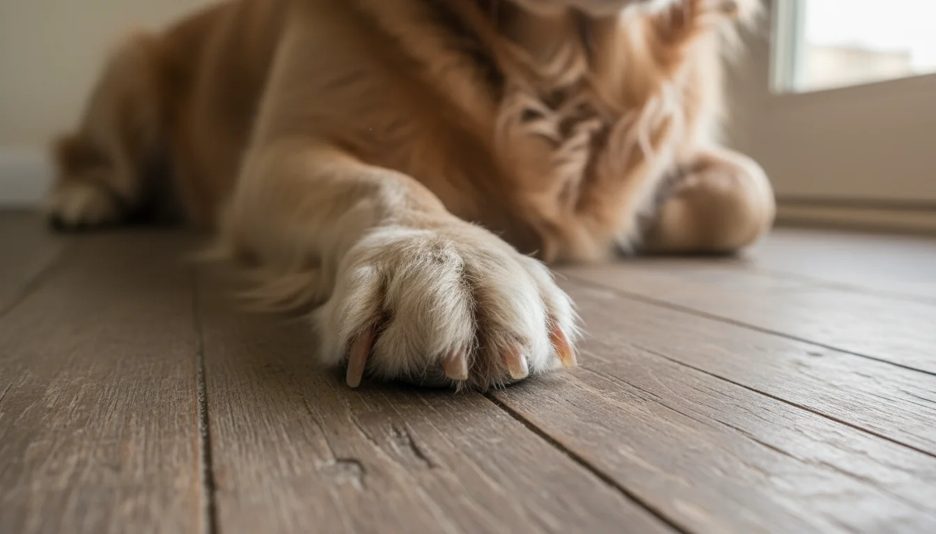An older Golden Retriever's front paw rests awkwardly on a wooden floor, its long, curved nails visibly pushing back.