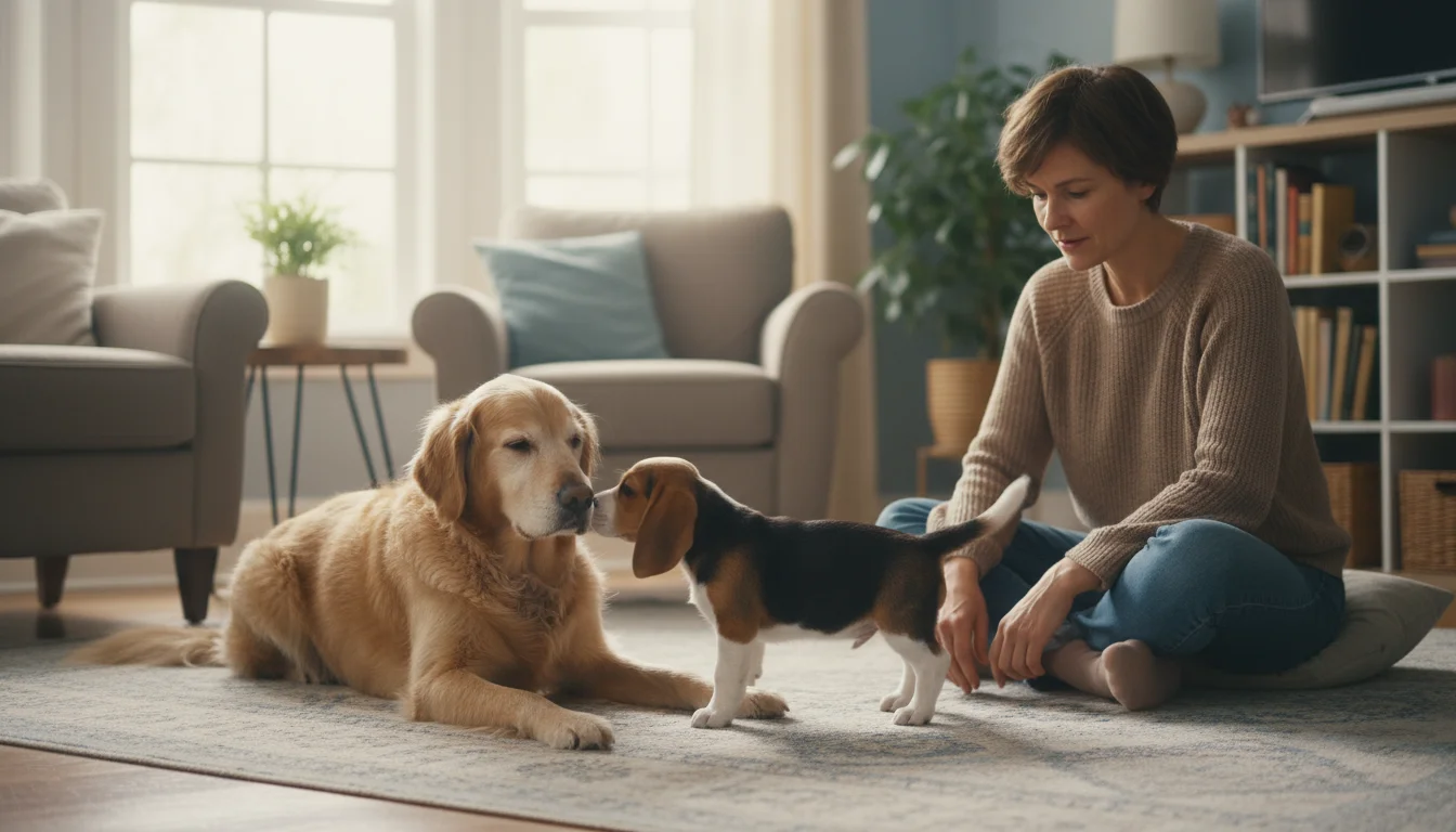 Older Golden Retriever lies calmly on a rug while a playful Beagle puppy nudges its side. A person watches nearby.