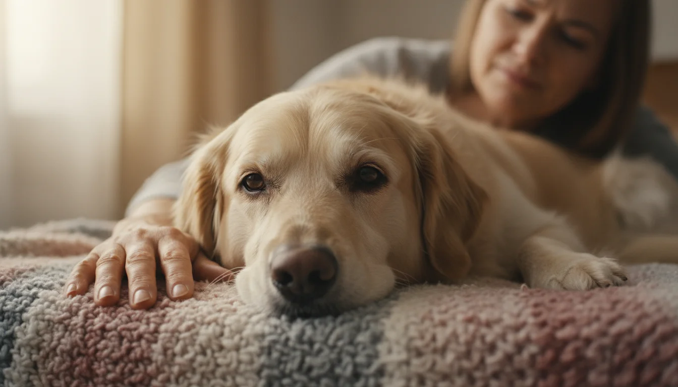 An older Golden Retriever mix dog resting, a human hand gently caressing its chest and side, showing care and concern.