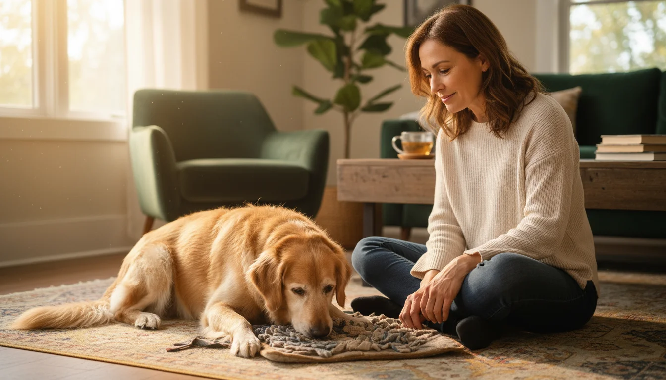 An older golden retriever mix sniffs a fabric snuffle mat while its owner watches thoughtfully, in a cozy living room.