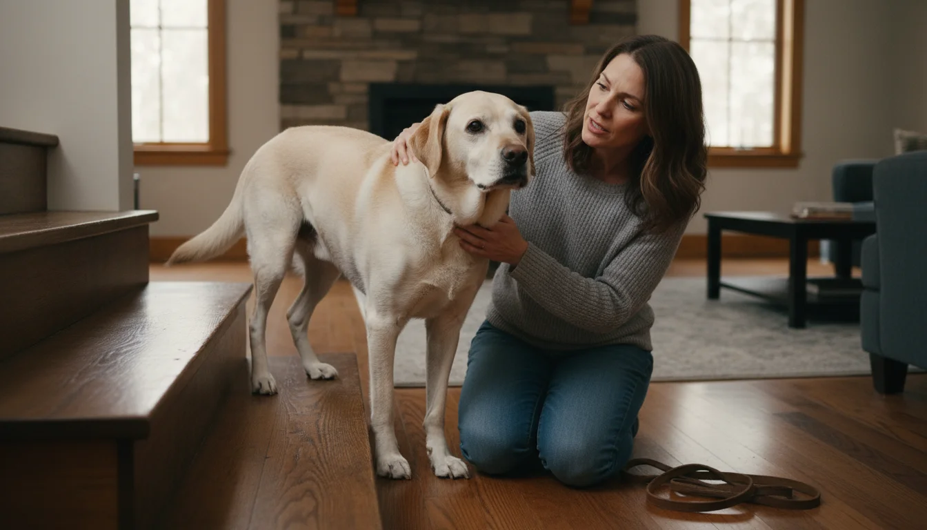 An older Labrador mix dog hesitates at the bottom of three wooden steps, its back left leg slightly lifted, as a concerned owner kneels beside it.