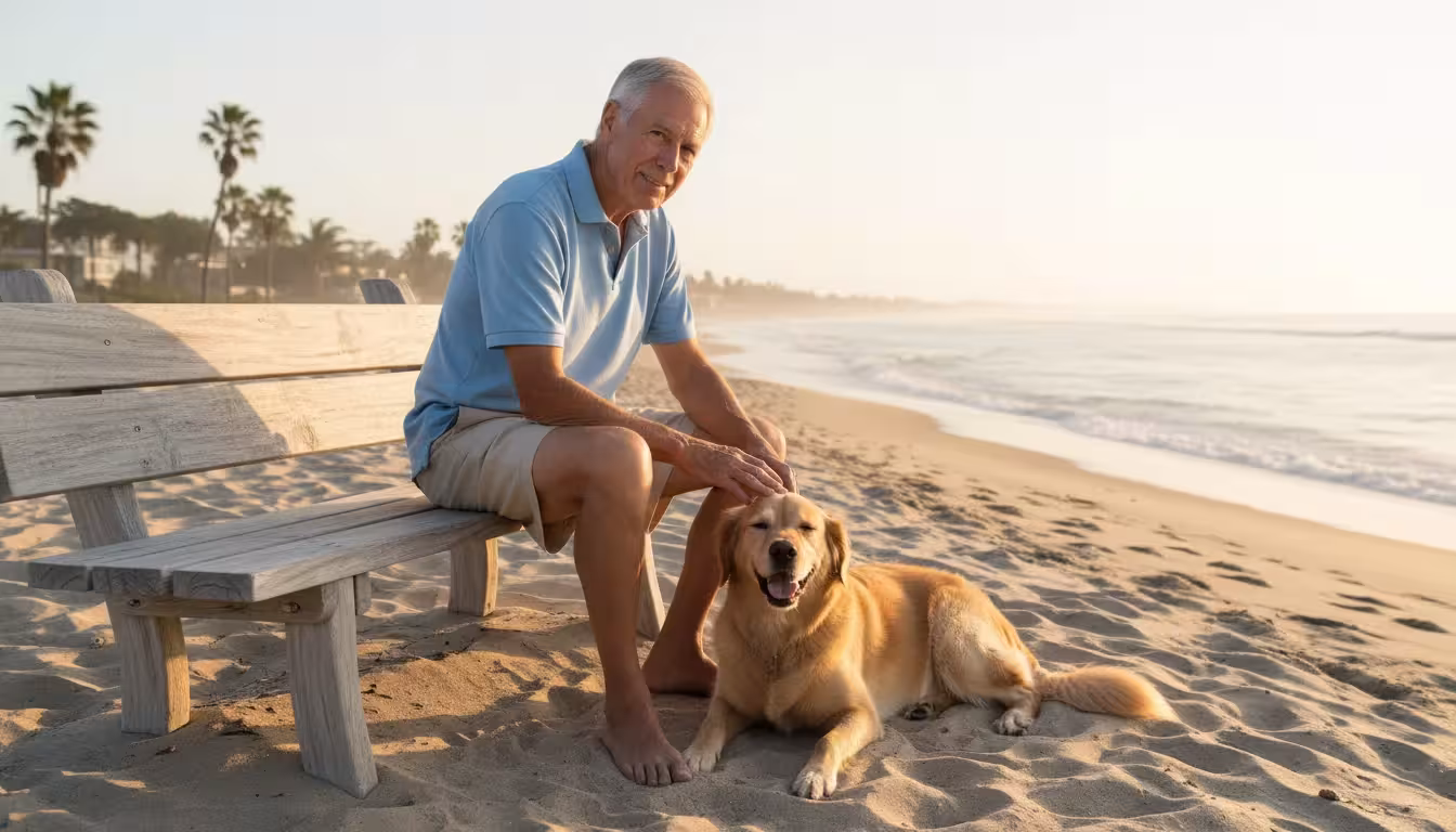 Older man on a weathered driftwood bench petting a sandy golden retriever mix looking up at him, with a calm beach in the background.
