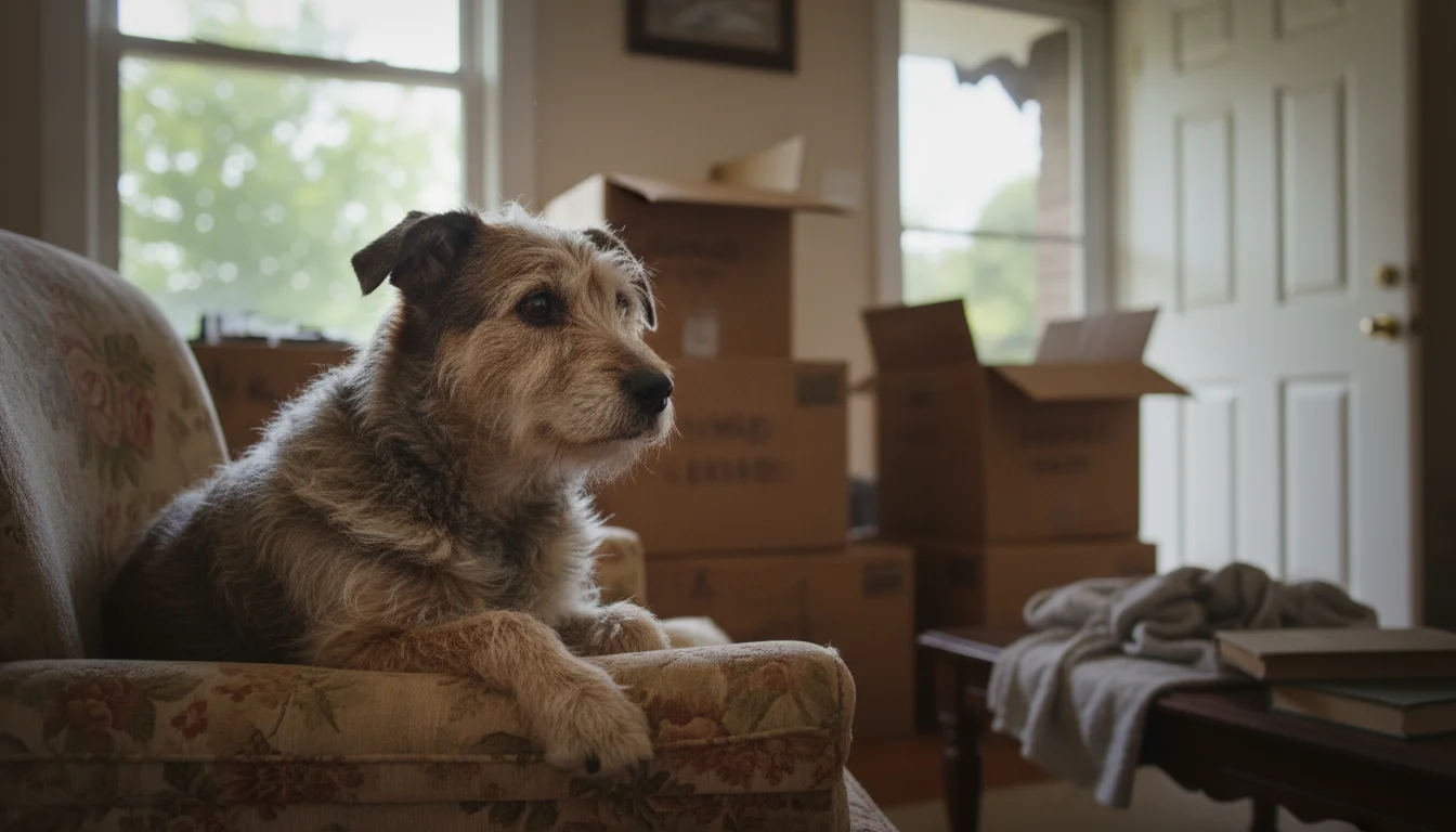 An older, scruffy mixed-breed dog sits thoughtfully on a worn armchair in a room with moving boxes visible, looking towards an open, empty doorway.