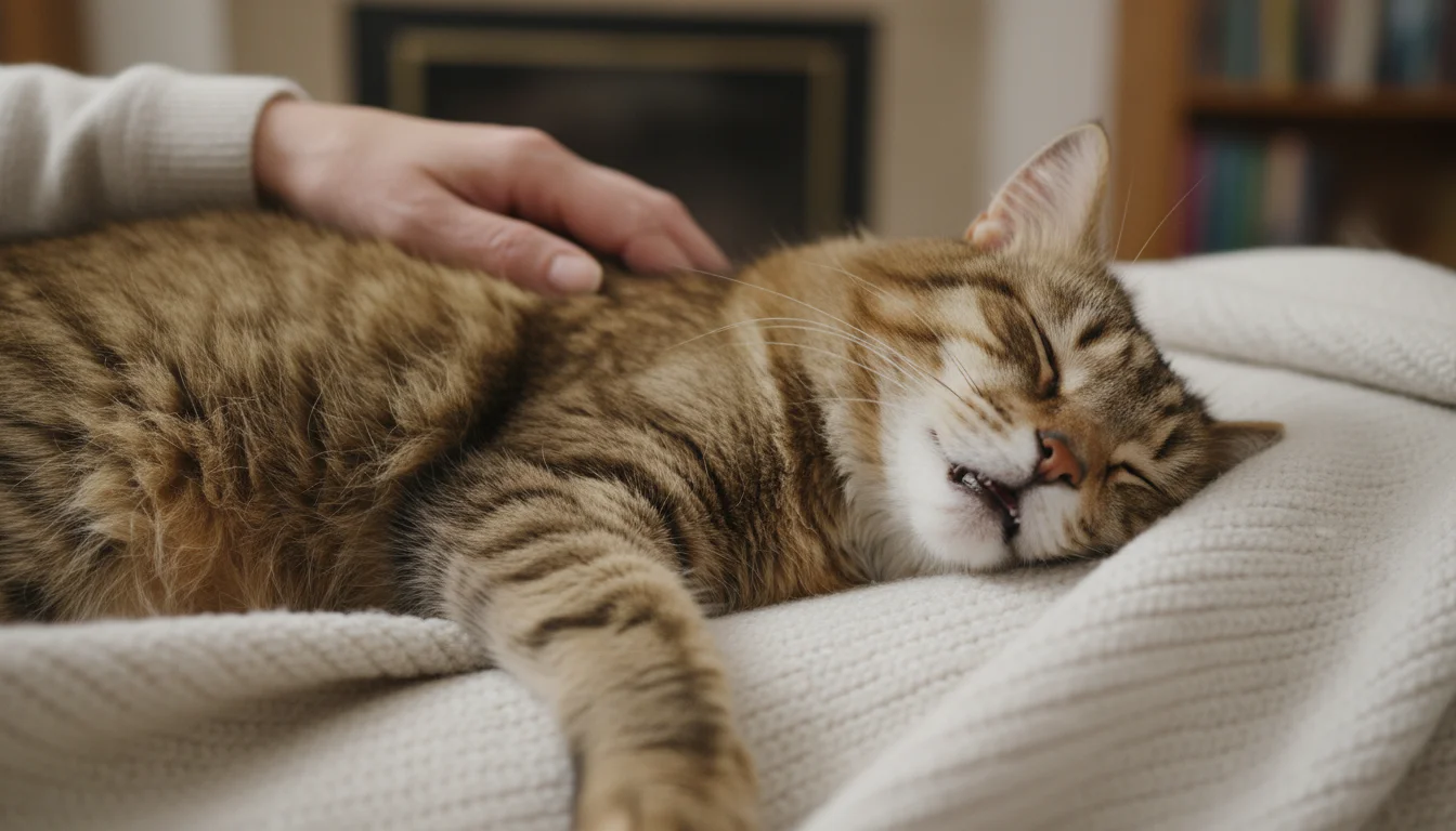 An older tabby cat rests peacefully on a human's lap, its mouth slightly open revealing a subtle redness along the gum line, hinting at hidden dental 