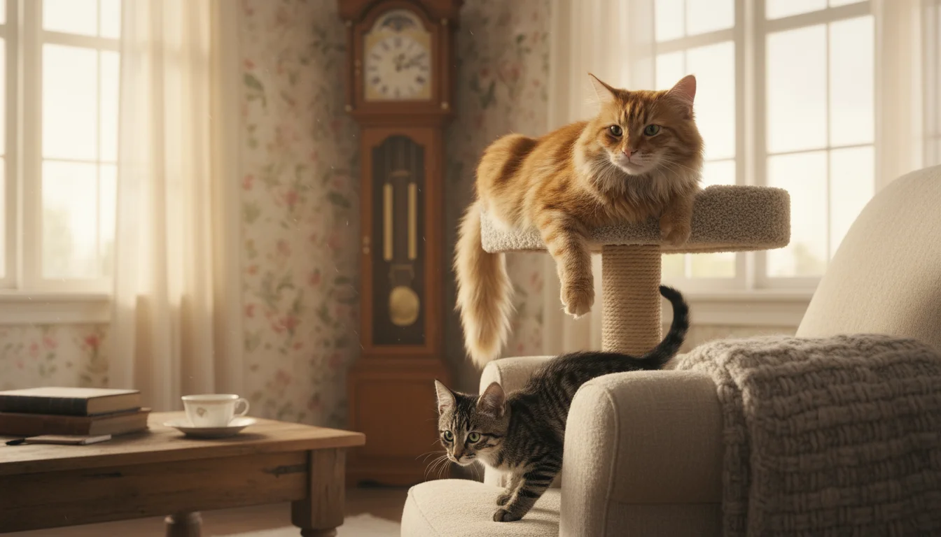 An orange cat on a cat tree subtly observes a cautious tabby cat peeking from behind an armchair in a sunlit room.