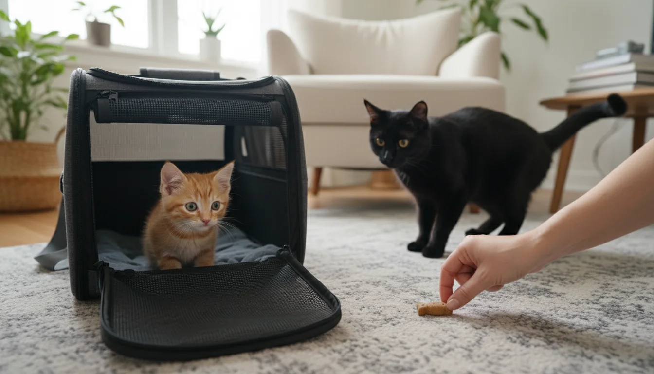 An orange tabby kitten peeks from a carrier as a black cat watches cautiously from behind an armchair. A human hand places a treat.
