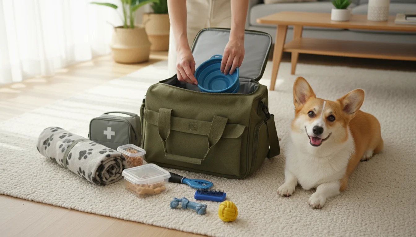Organized pet travel essentials are spread on a rug, with a person's hands packing a bowl and a dog watching patiently.