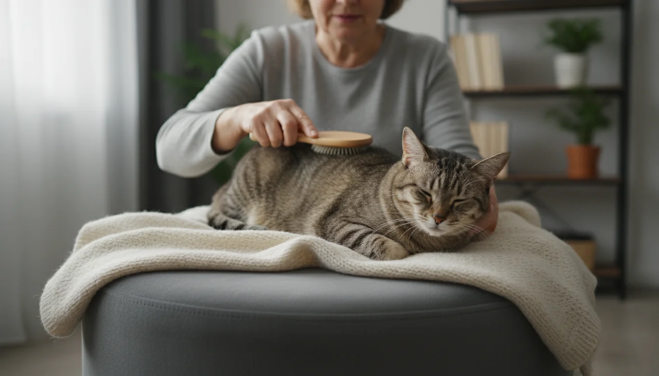 An owner gently brushes an elderly, slightly overweight tabby cat resting comfortably on a plush blanket on a soft ottoman.