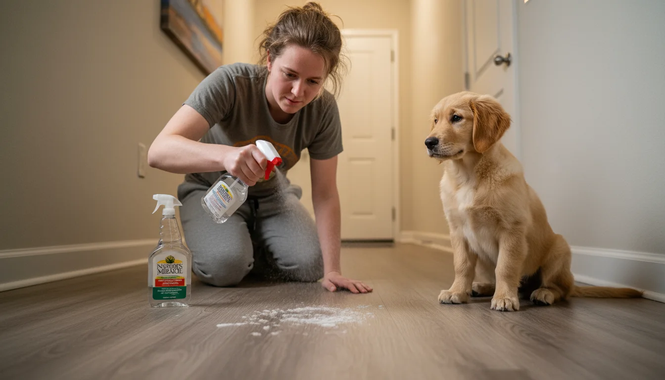 An owner on hands and knees cleaning a floor with enzymatic spray, watched by a curious puppy a few feet away. Highlights a common pet care challenge.