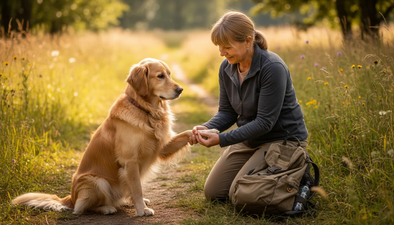 Owner gently inspects a Golden Retriever's paw for burrs after a summer hike, dog sits patiently in sunlit tall grass.