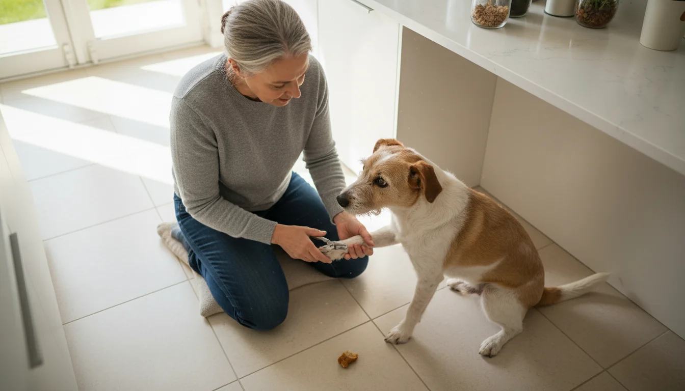 An owner kneels on a kitchen floor, attempting to trim the nails of their anxious terrier mix who is subtly pulling away.