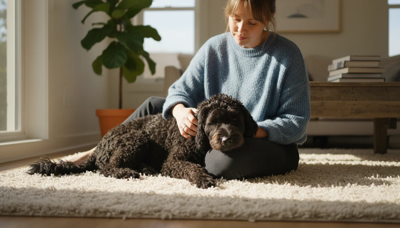Owner sits on a rug, gently examining their curly-coated Portuguese Water Dog's fur on their lap. A dog care book is in the background.