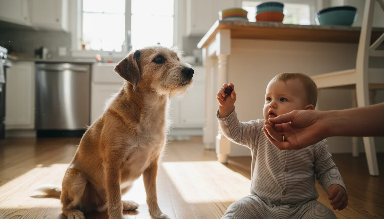 A parent's hand intervenes as a toddler, sitting on a kitchen floor, is about to give a single purple grape to a hopeful terrier mix dog.