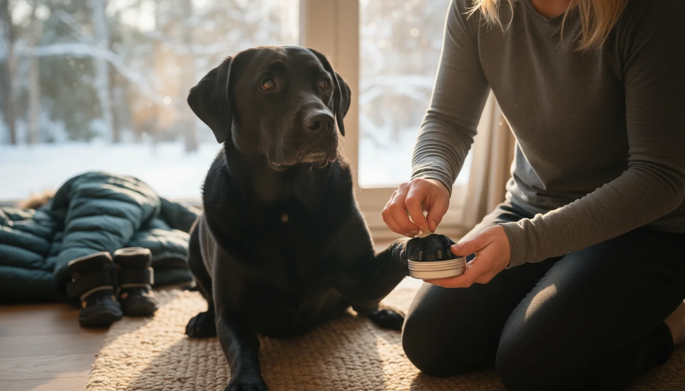 A person gently applies paw balm to a calm black Labrador's paw indoors. Dog booties and a winter jacket are visible.