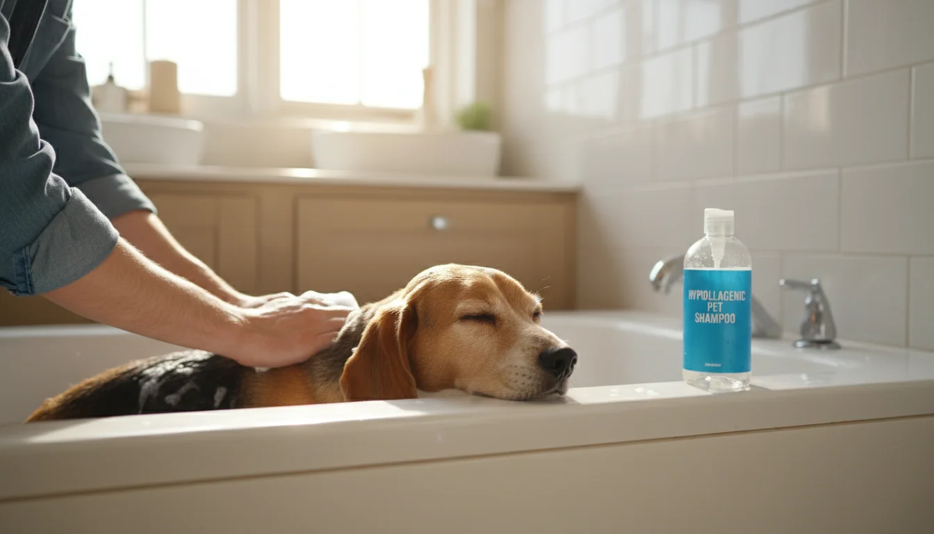 A person gently bathes a calm, medium-sized dog in a tub, using a bottle of hypoallergenic shampoo.