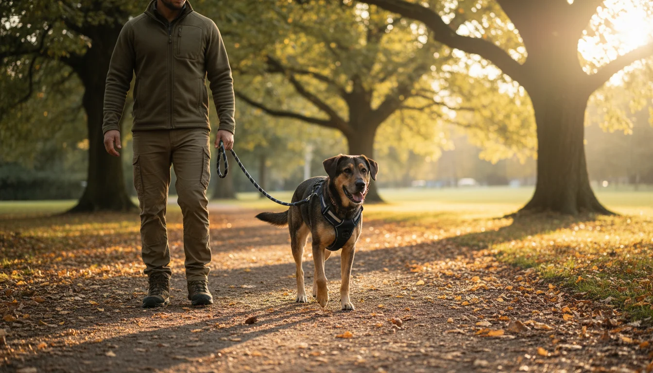Person and a brown mixed-breed dog walk on a park trail. Dog wears a dark front-clip harness, walking calmly beside.