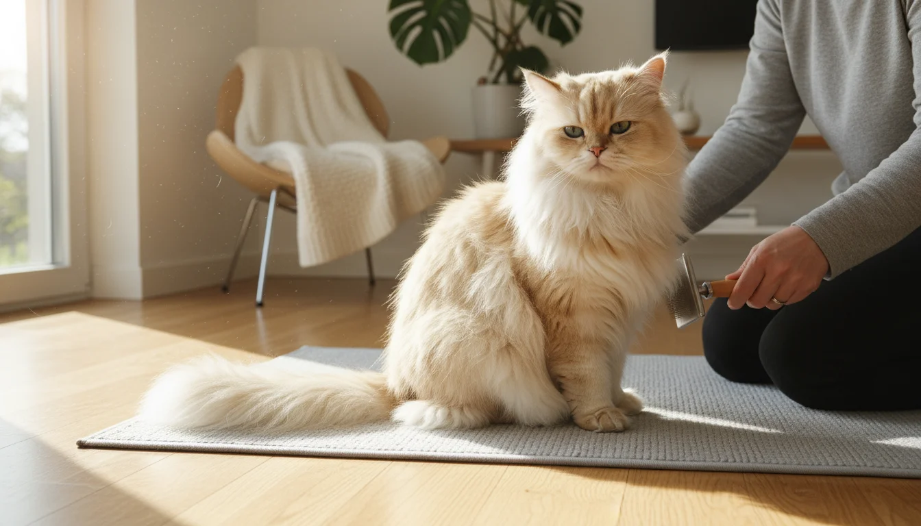 A person gently brushes a cream-colored Persian cat's long, luxurious fur in a brightly lit room. The cat looks calm and content.