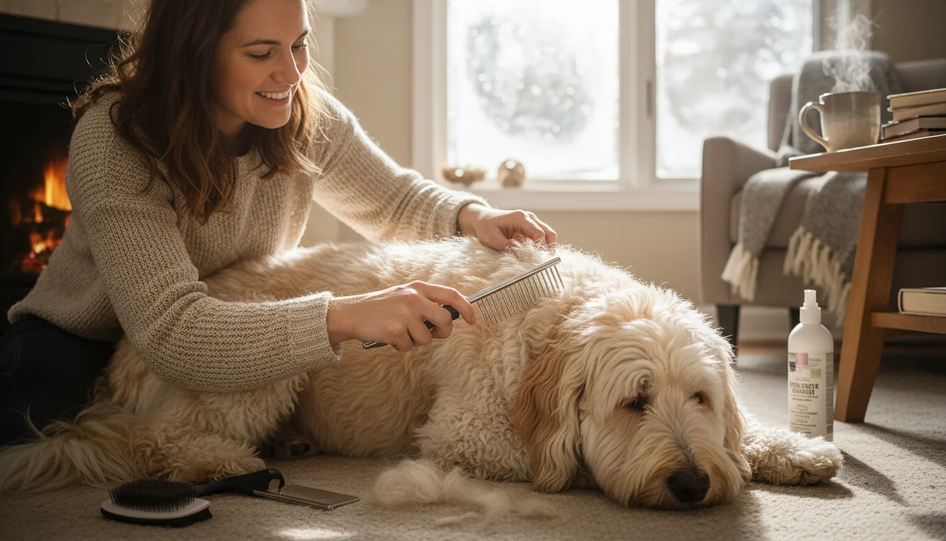 A person gently brushes a fluffy Goldendoodle's thick winter coat indoors near a snowy window, highlighting careful grooming.