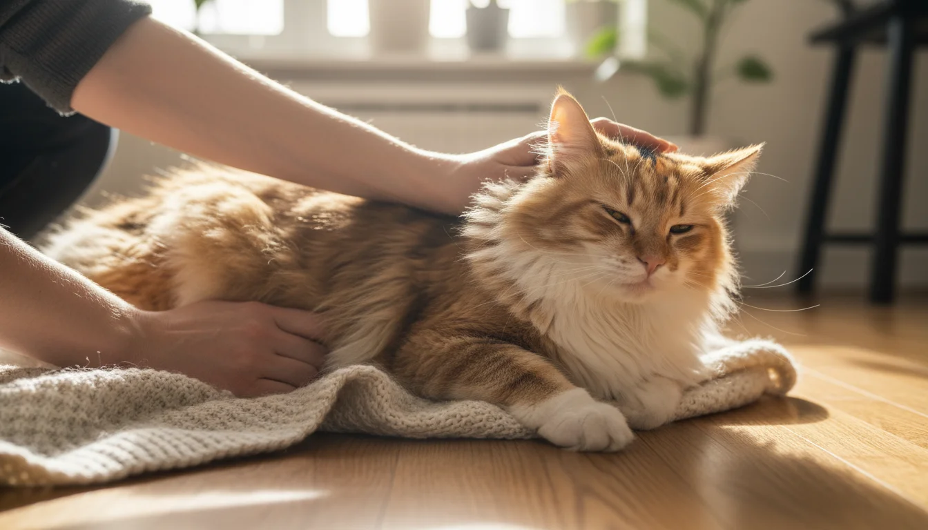 A person gently brushes the long, fluffy fur of a relaxed calico cat lying on a soft blanket indoors.