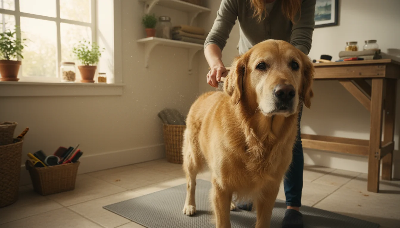 A person gently brushes an older Golden Retriever with a frosted muzzle in a sunlit utility room, capturing a moment of lifelong care.
