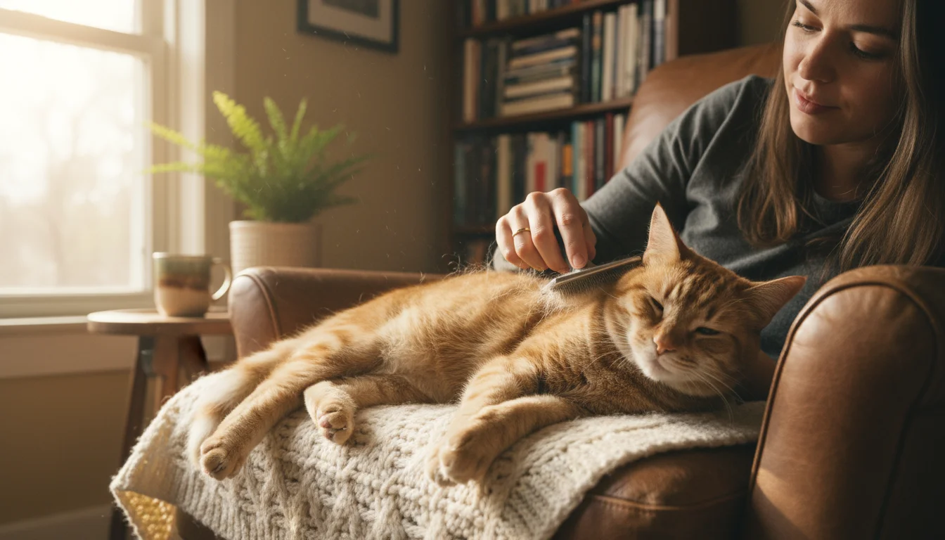 A person gently brushes a relaxed ginger tabby cat lying on a blanket in a sunlit room.