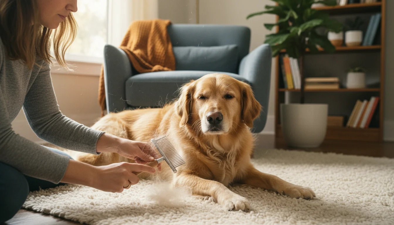 A person gently brushes a relaxed golden retriever mix dog lying on a rug with a simple metal deshedding comb.